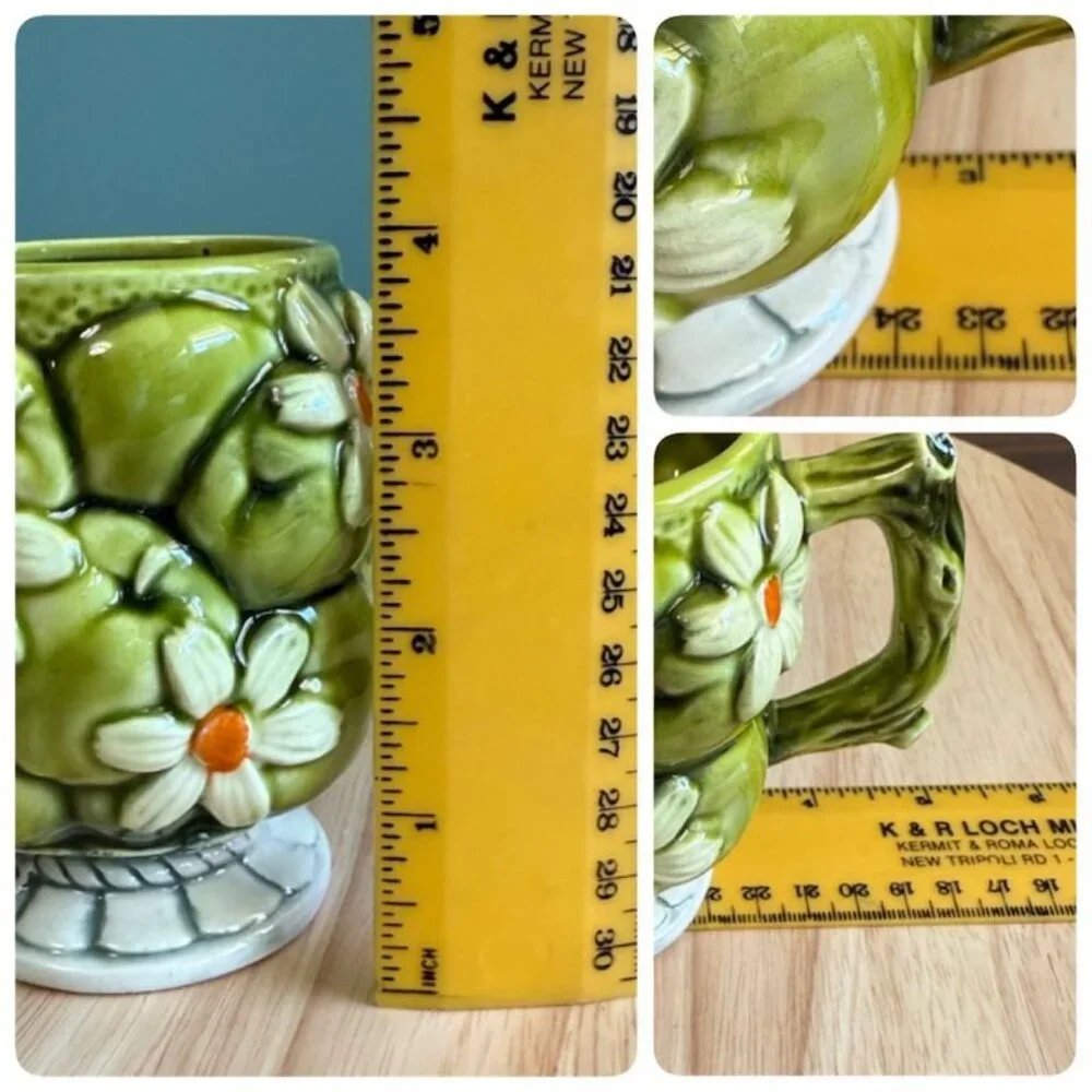 Vintage Inarco 1967 Green Apple Daisy Ceramic Mugs Japan Set Of 4 Coffee Tea Cup - Picture 8 of 9